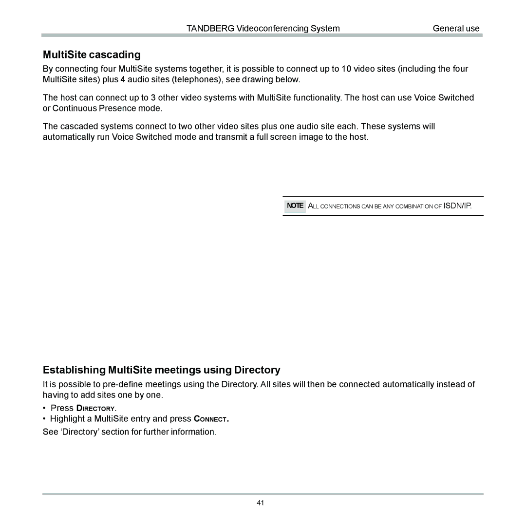 TANDBERG 6000 user manual MultiSite cascading, Establishing MultiSite meetings using Directory 