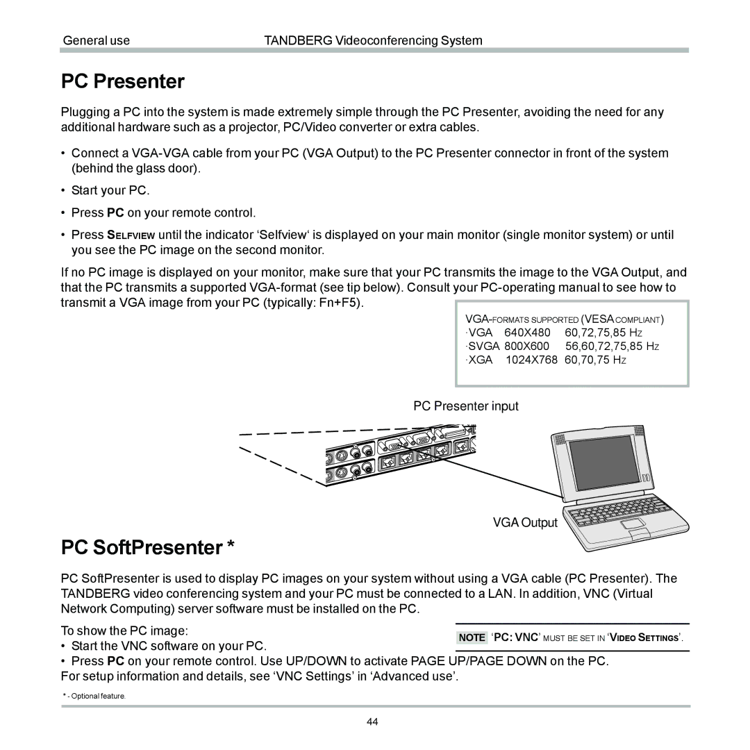 TANDBERG 6000 user manual PC Presenter, PC SoftPresenter 
