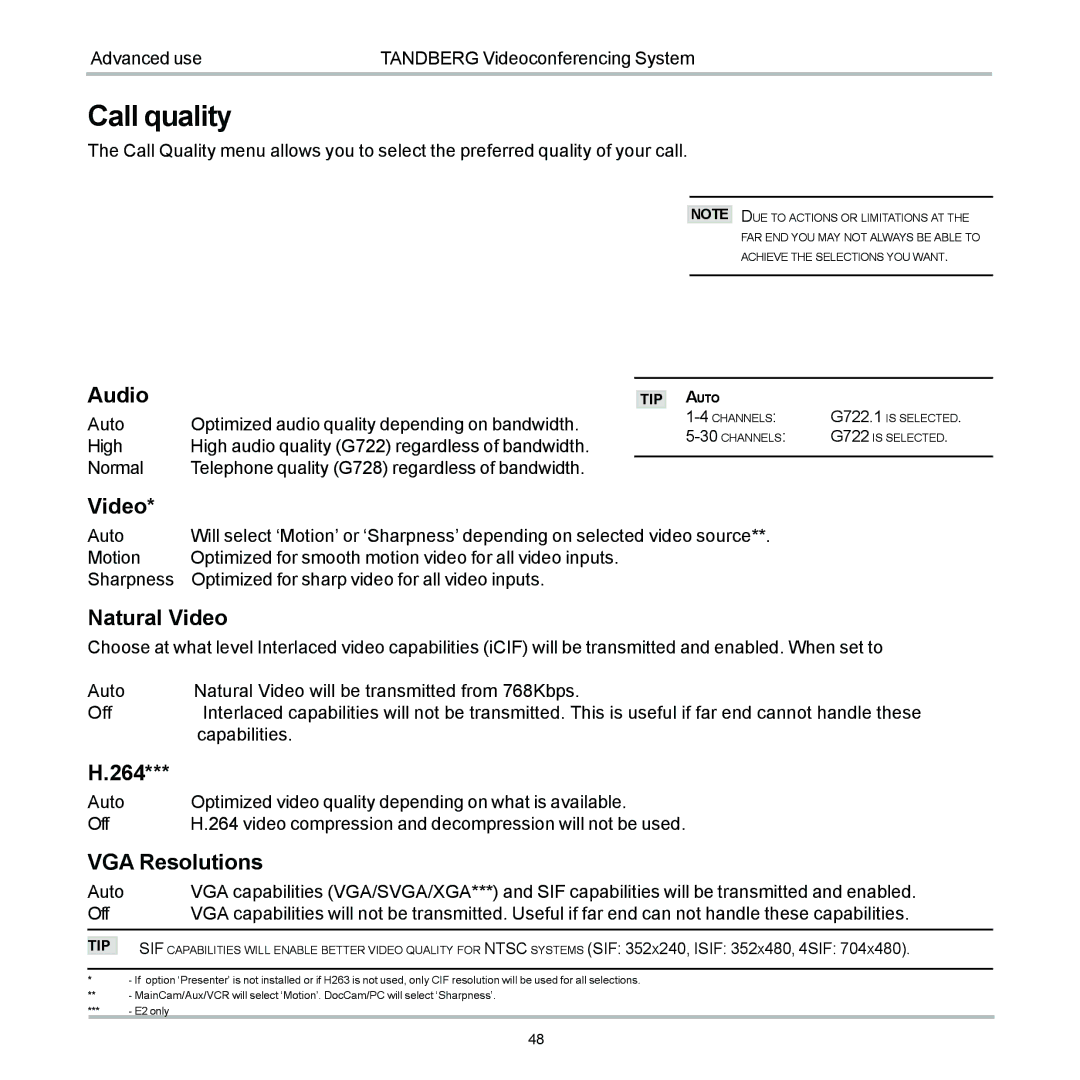 TANDBERG 6000 user manual Call quality 