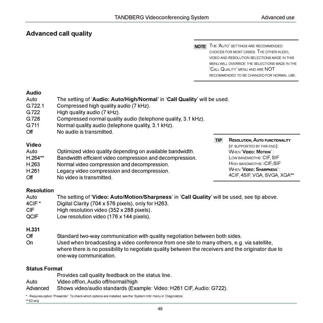 TANDBERG 6000 user manual Advanced call quality, Qcif 