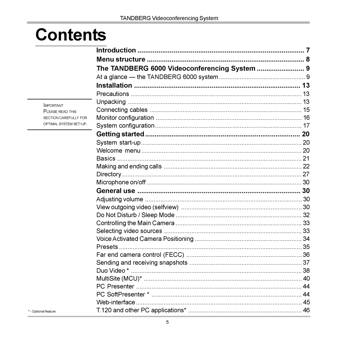 TANDBERG 6000 user manual Contents 