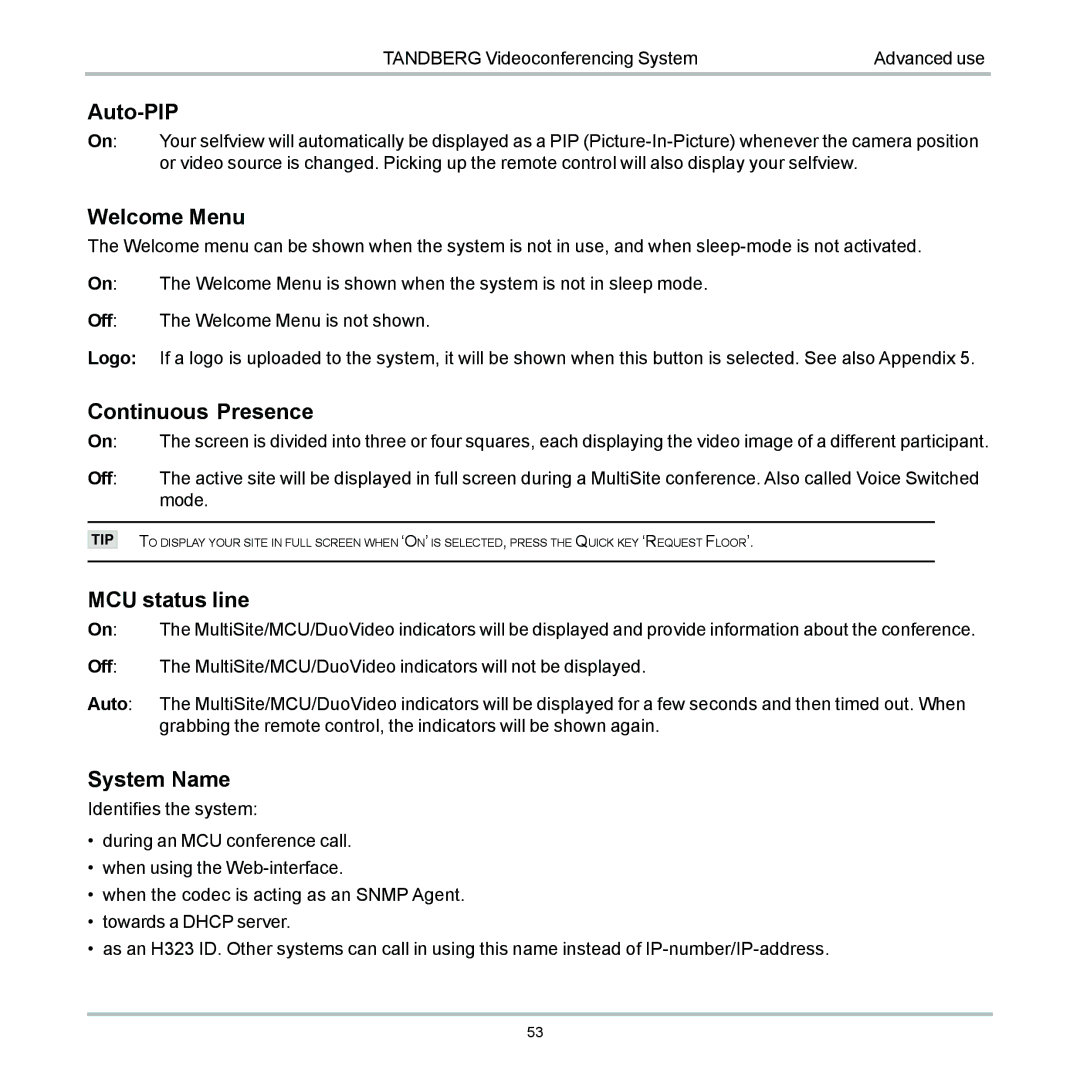 TANDBERG 6000 user manual Auto-PIP, Welcome Menu, Continuous Presence, MCU status line, System Name 