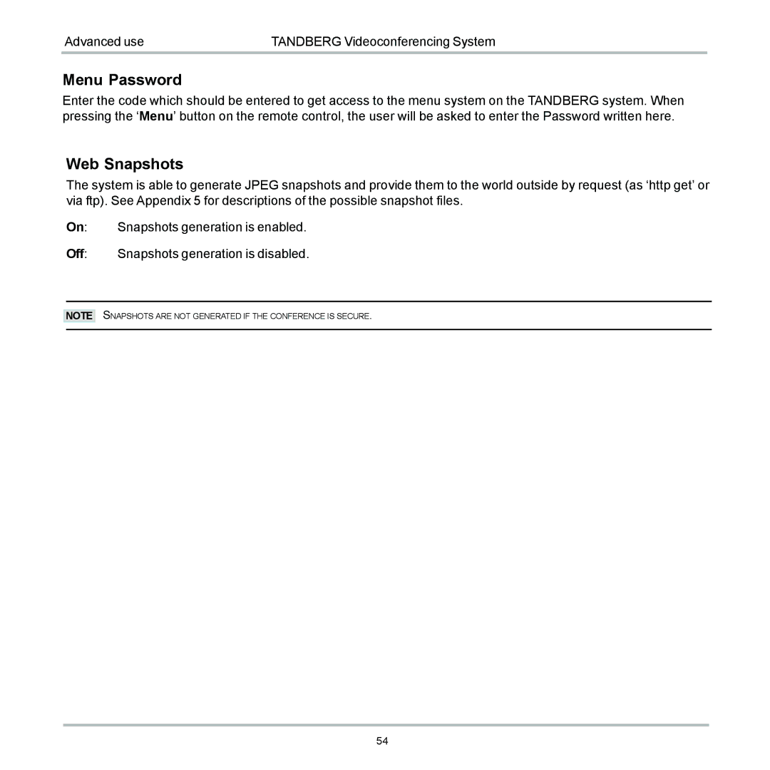 TANDBERG 6000 user manual Menu Password, Web Snapshots 