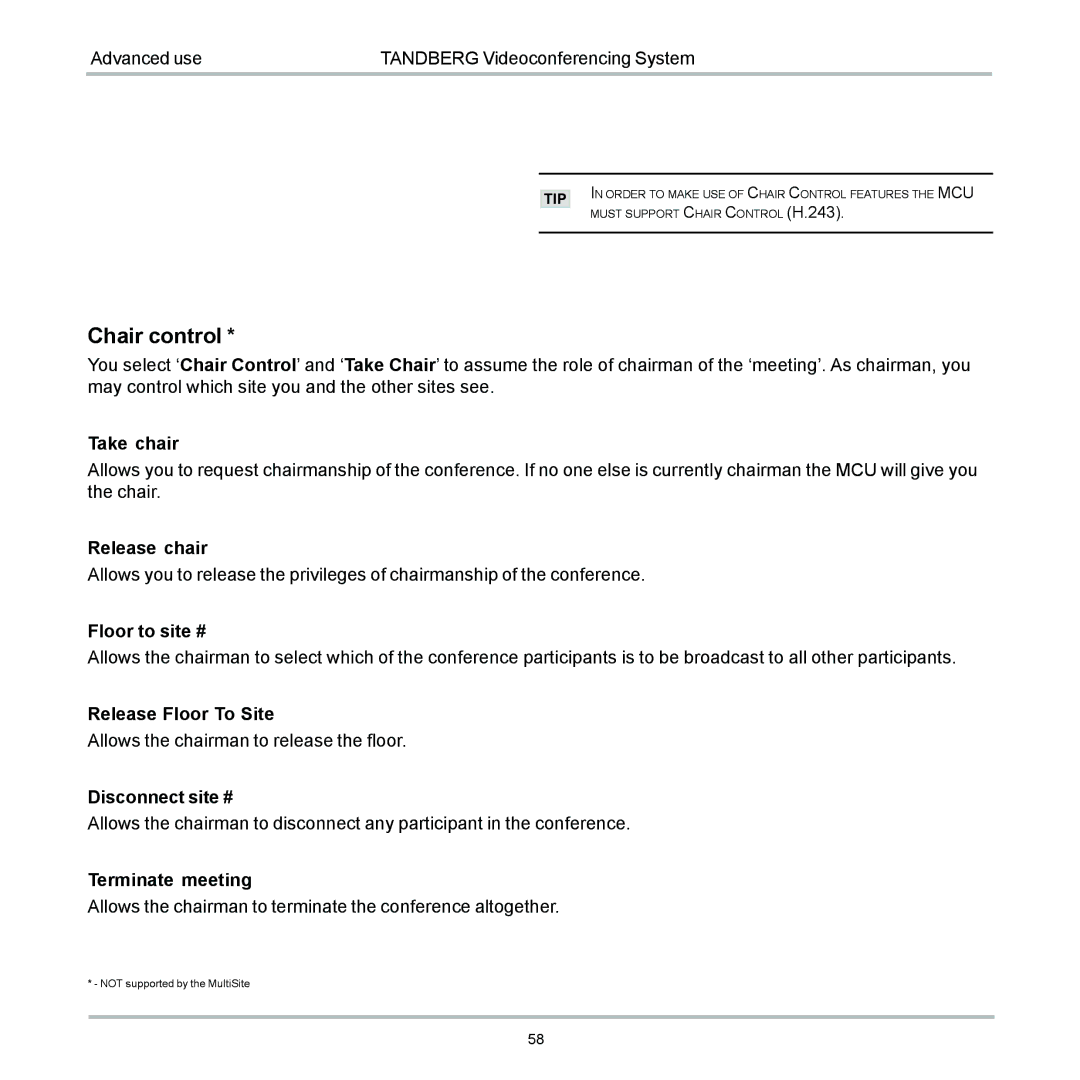 TANDBERG 6000 user manual Chair control 