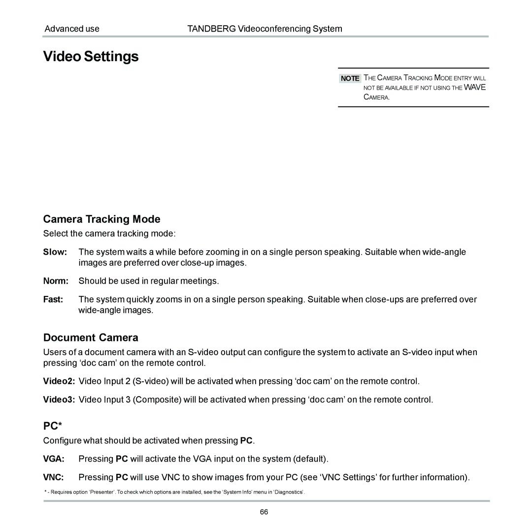 TANDBERG 6000 user manual Video Settings, Camera Tracking Mode, Document Camera 