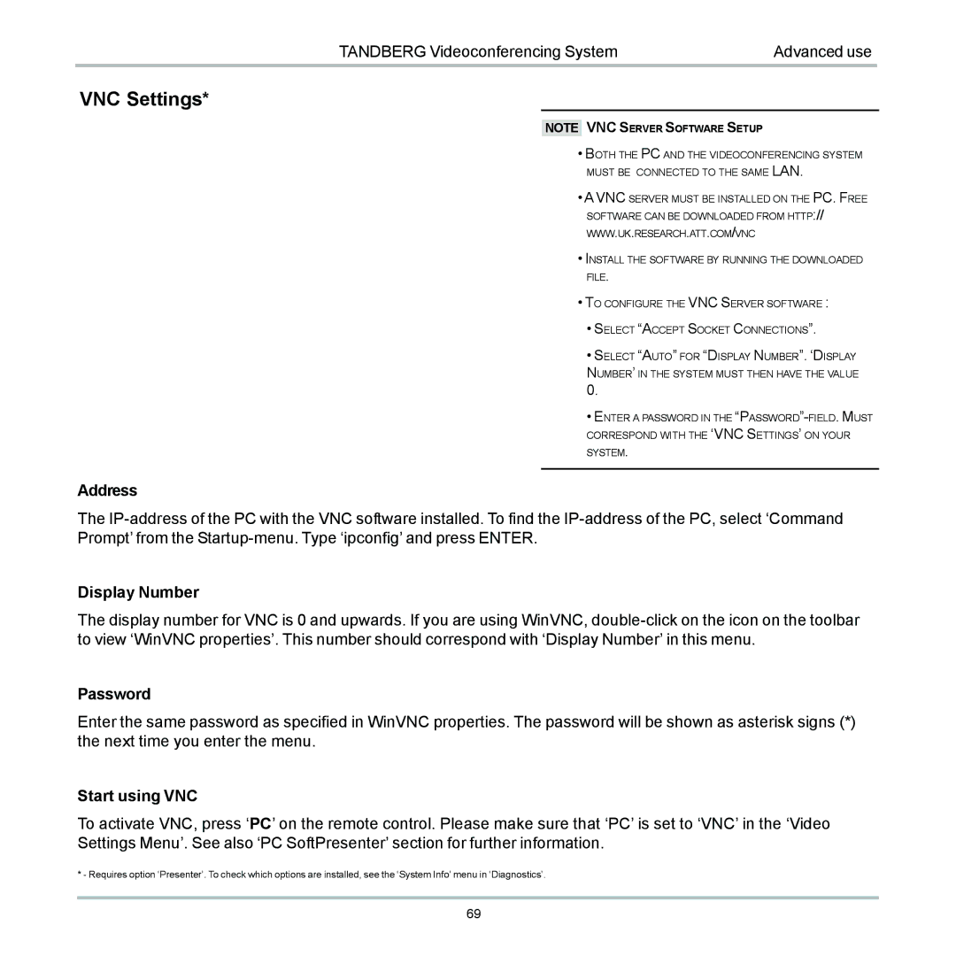 TANDBERG 6000 user manual VNC Settings 