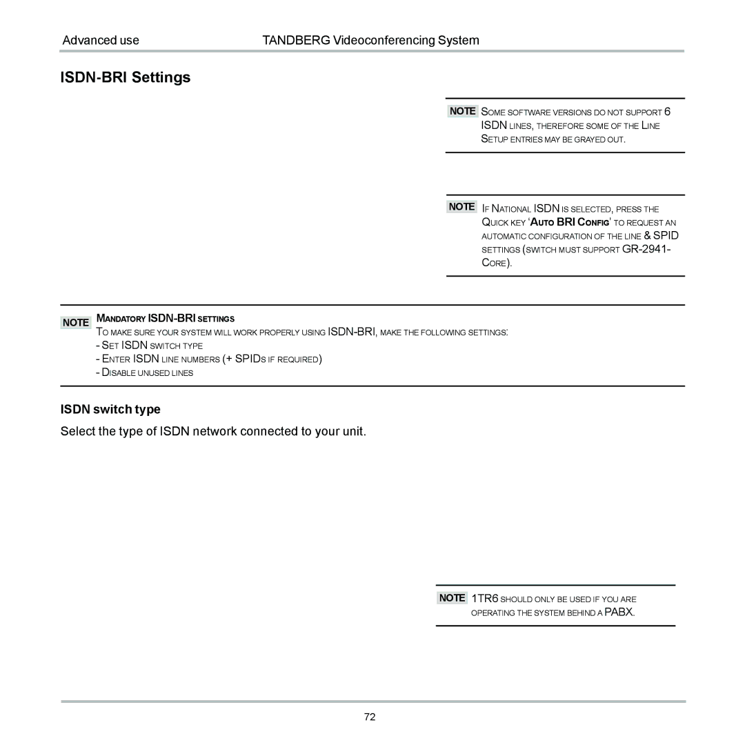 TANDBERG 6000 user manual ISDN-BRI Settings, Core 