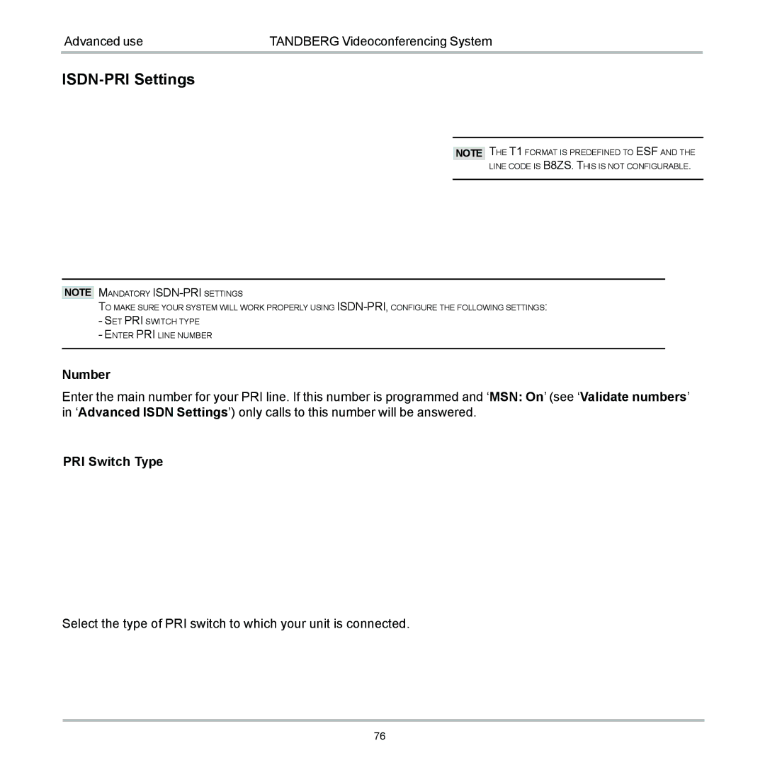 TANDBERG 6000 user manual ISDN-PRI Settings 