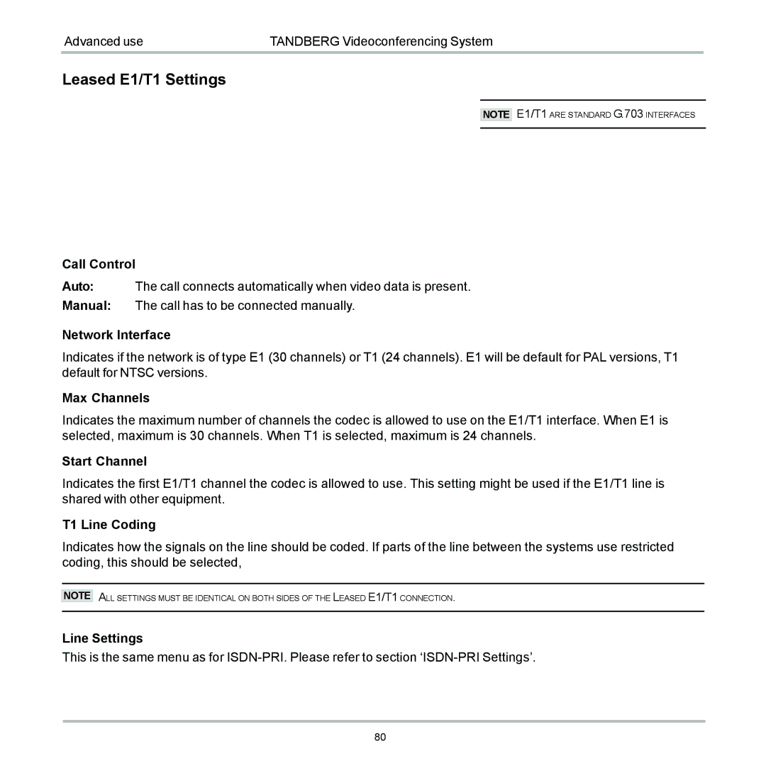 TANDBERG 6000 user manual Leased E1/T1 Settings 