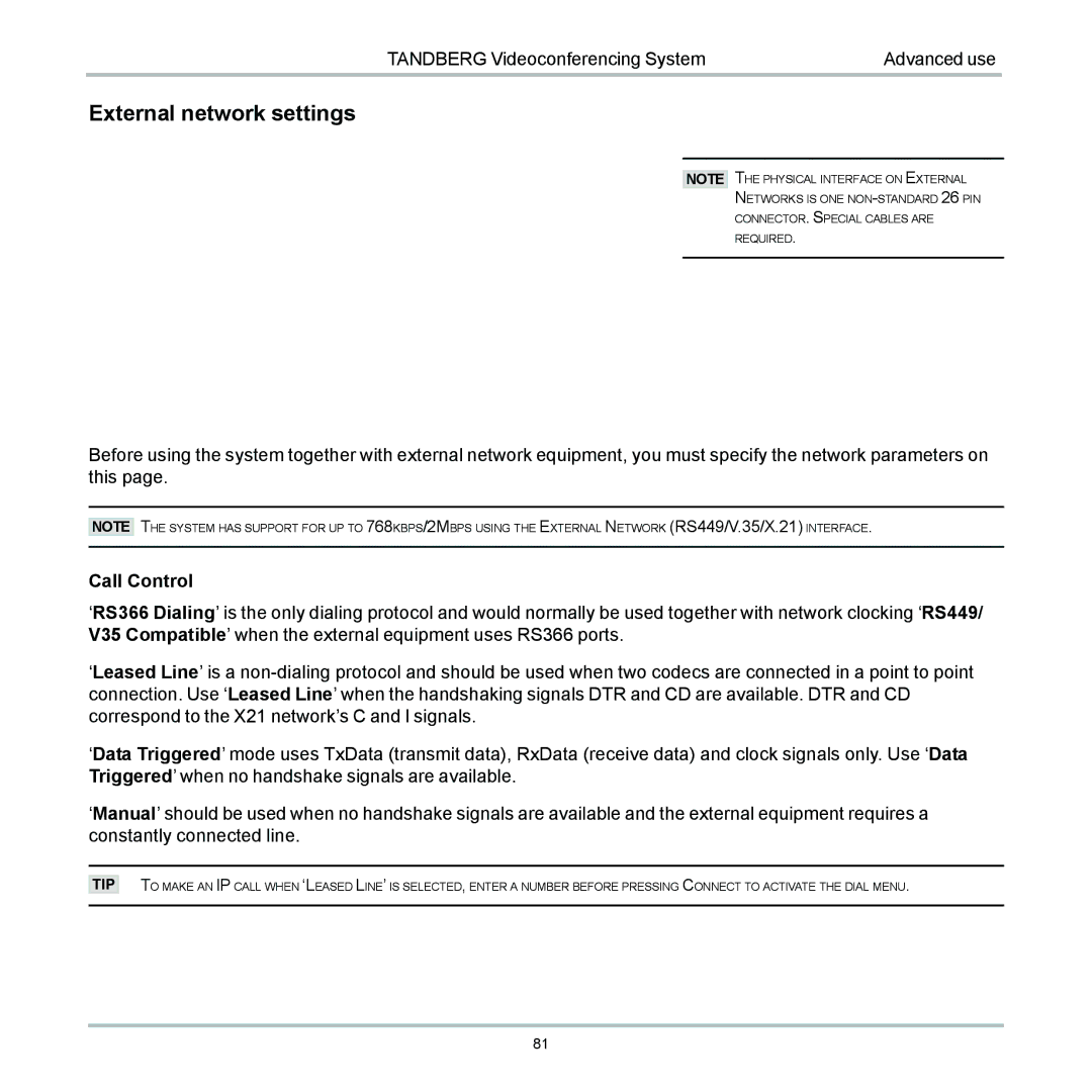 TANDBERG 6000 user manual External network settings 