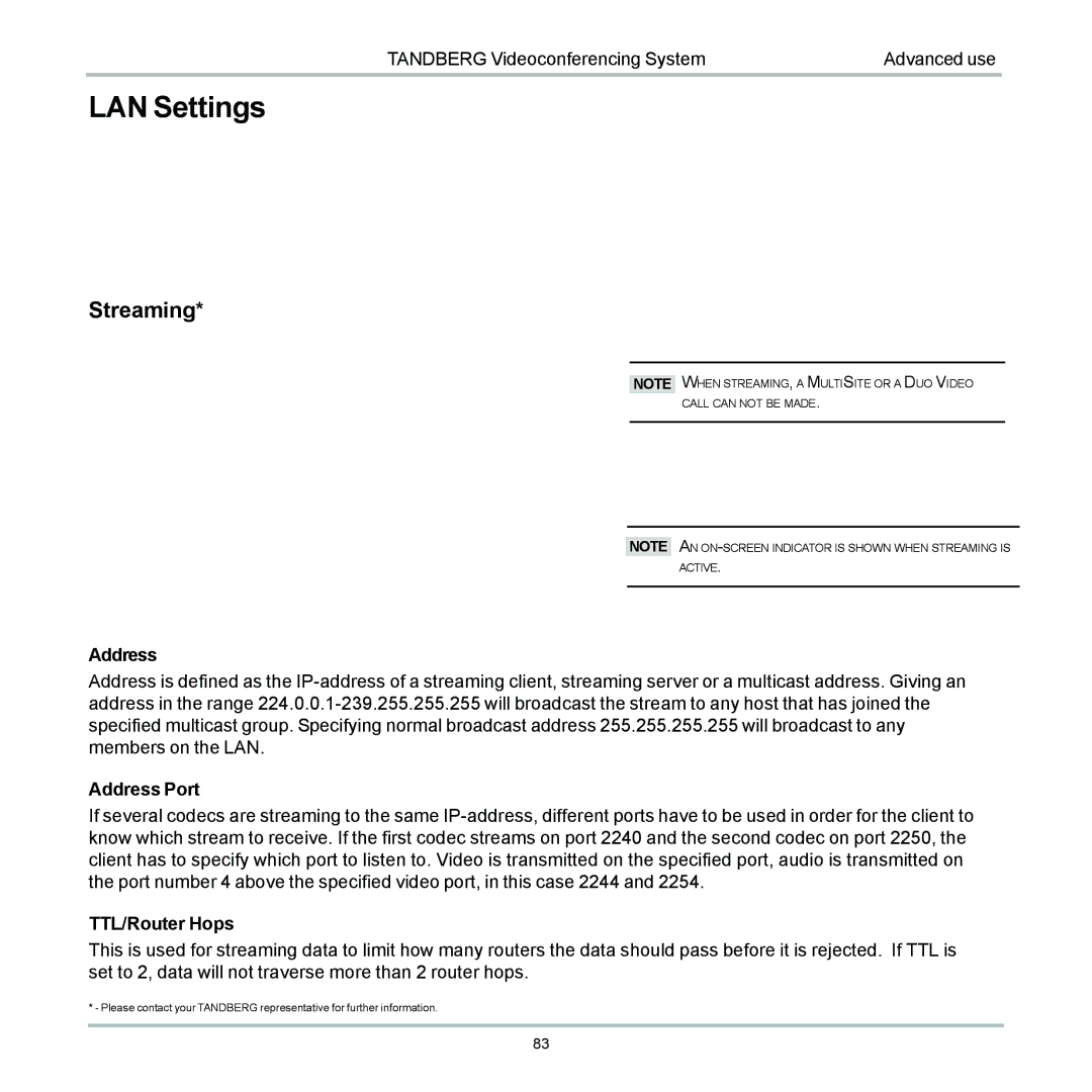 TANDBERG 6000 user manual LAN Settings, Streaming 