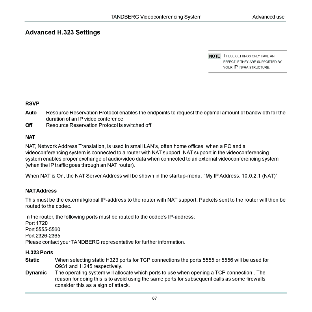 TANDBERG 6000 user manual Advanced H.323 Settings, Rsvp 