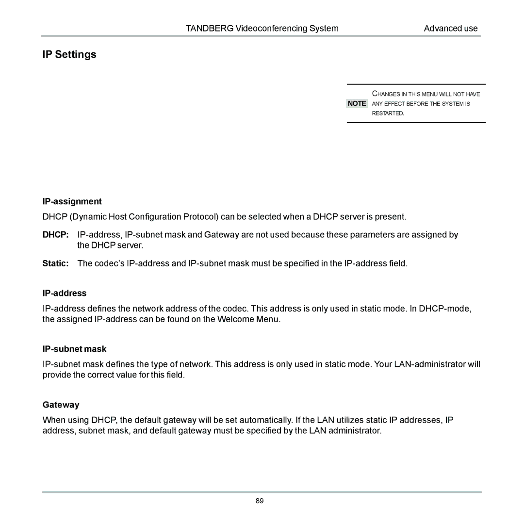 TANDBERG 6000 user manual IP Settings 