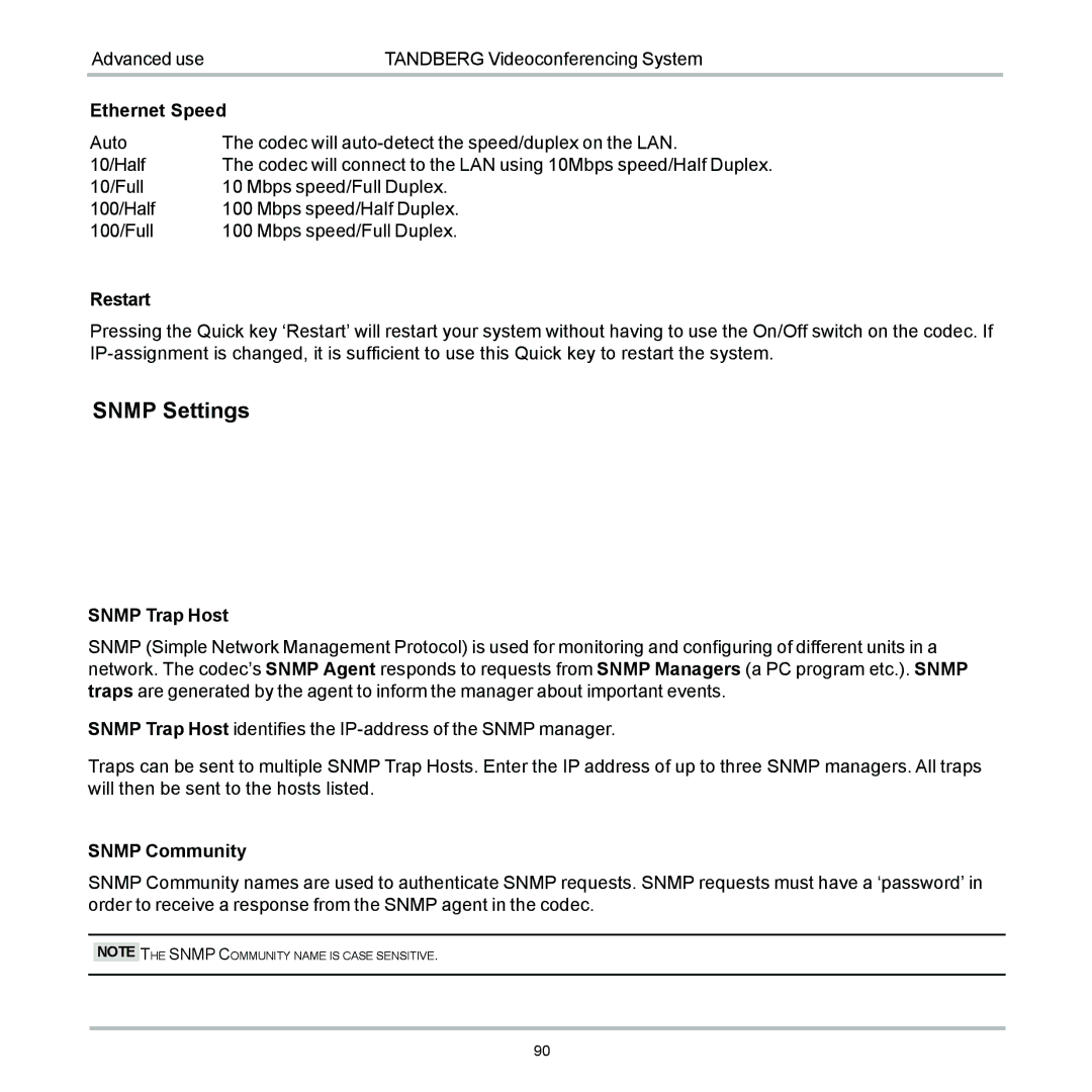 TANDBERG 6000 user manual Snmp Settings 