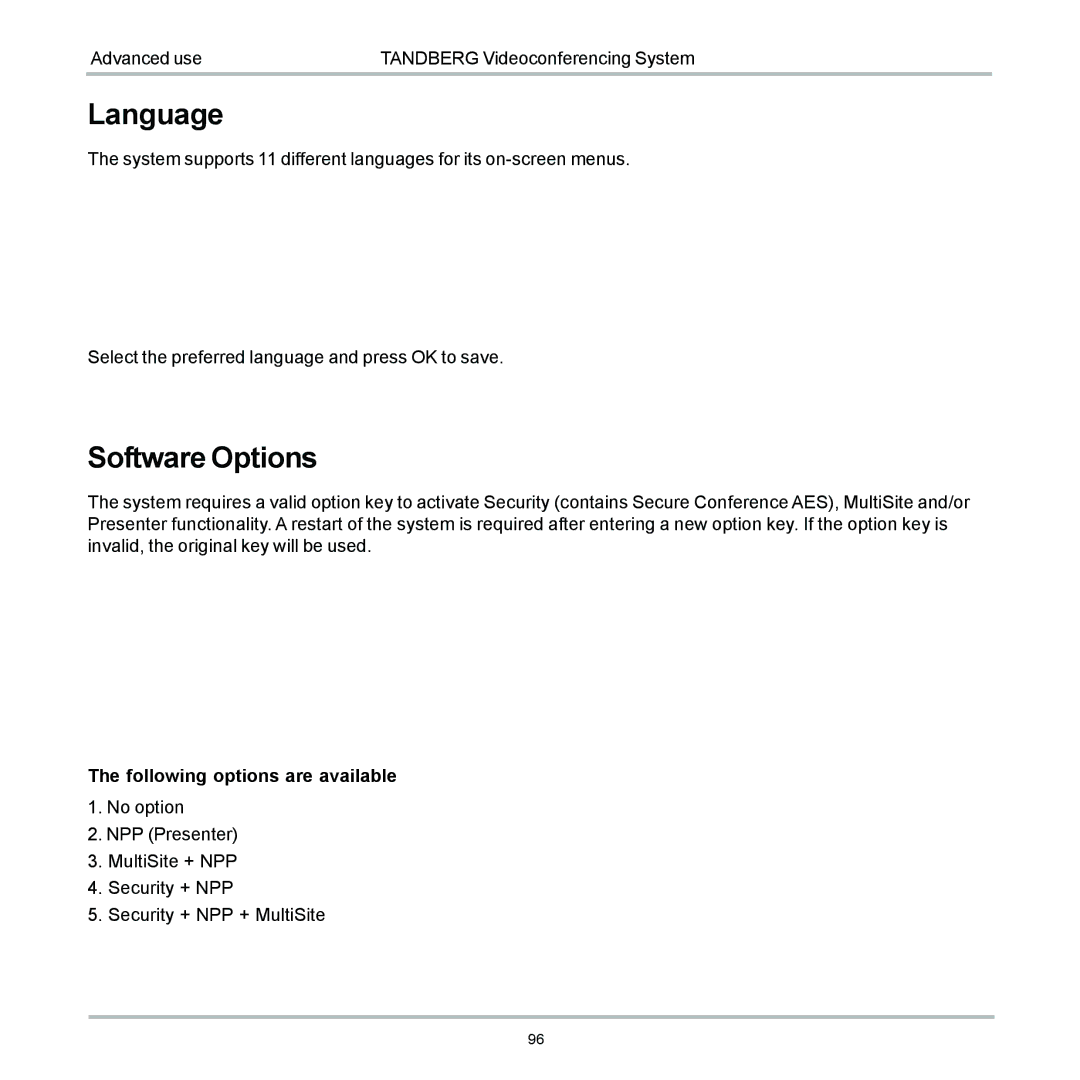 TANDBERG 6000 user manual Language, Software Options 