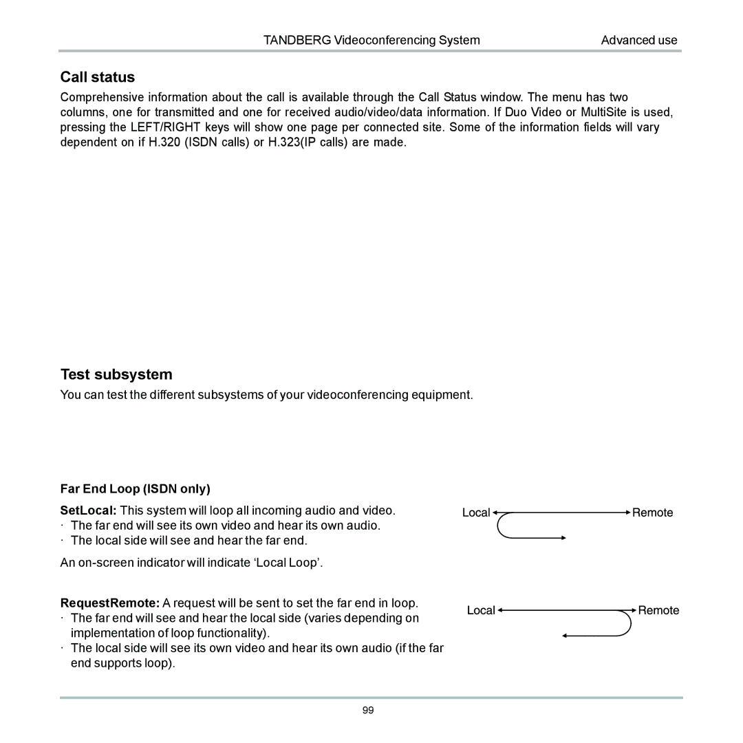 TANDBERG 6000 user manual Call status, Test subsystem 