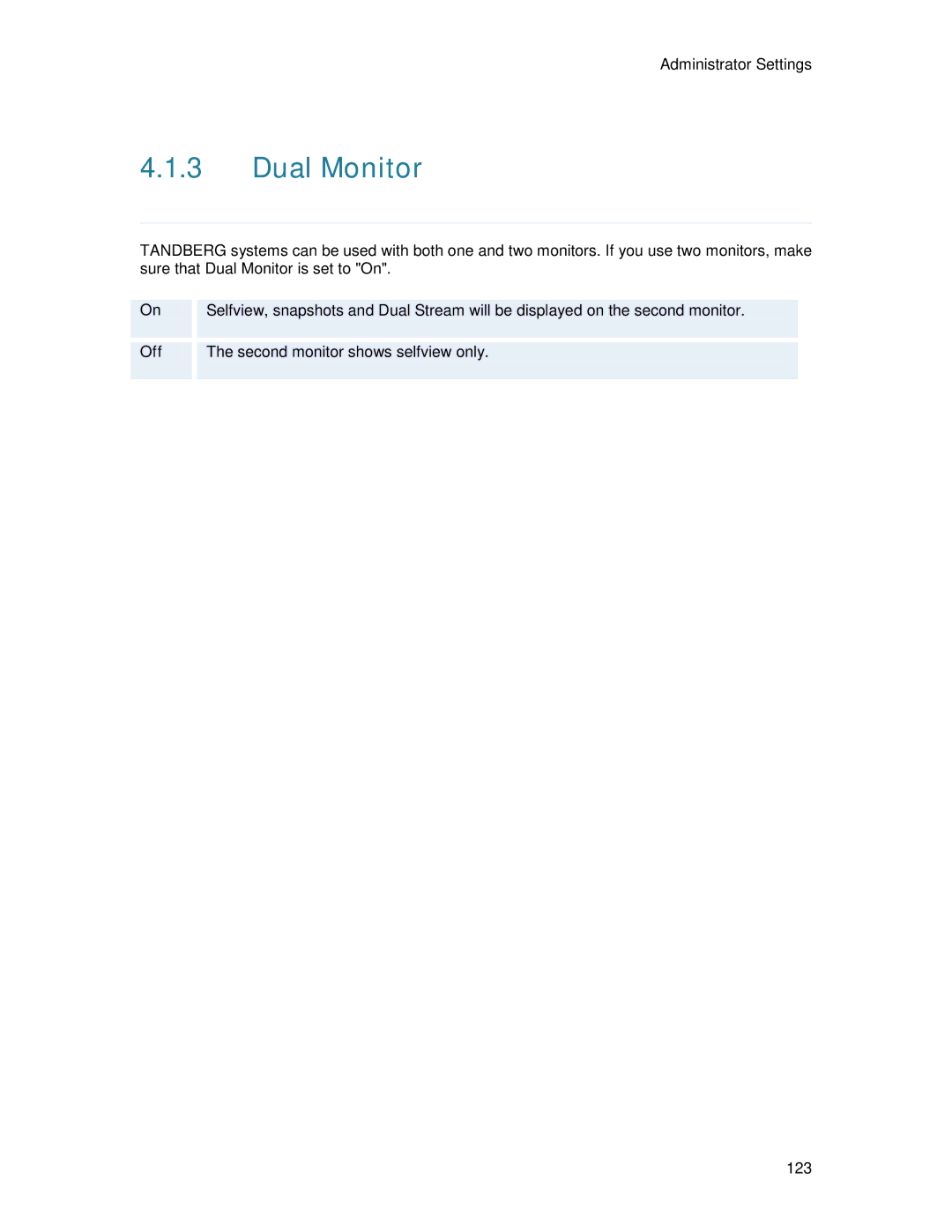 TANDBERG 6000MXP user manual Dual Monitor, Off 