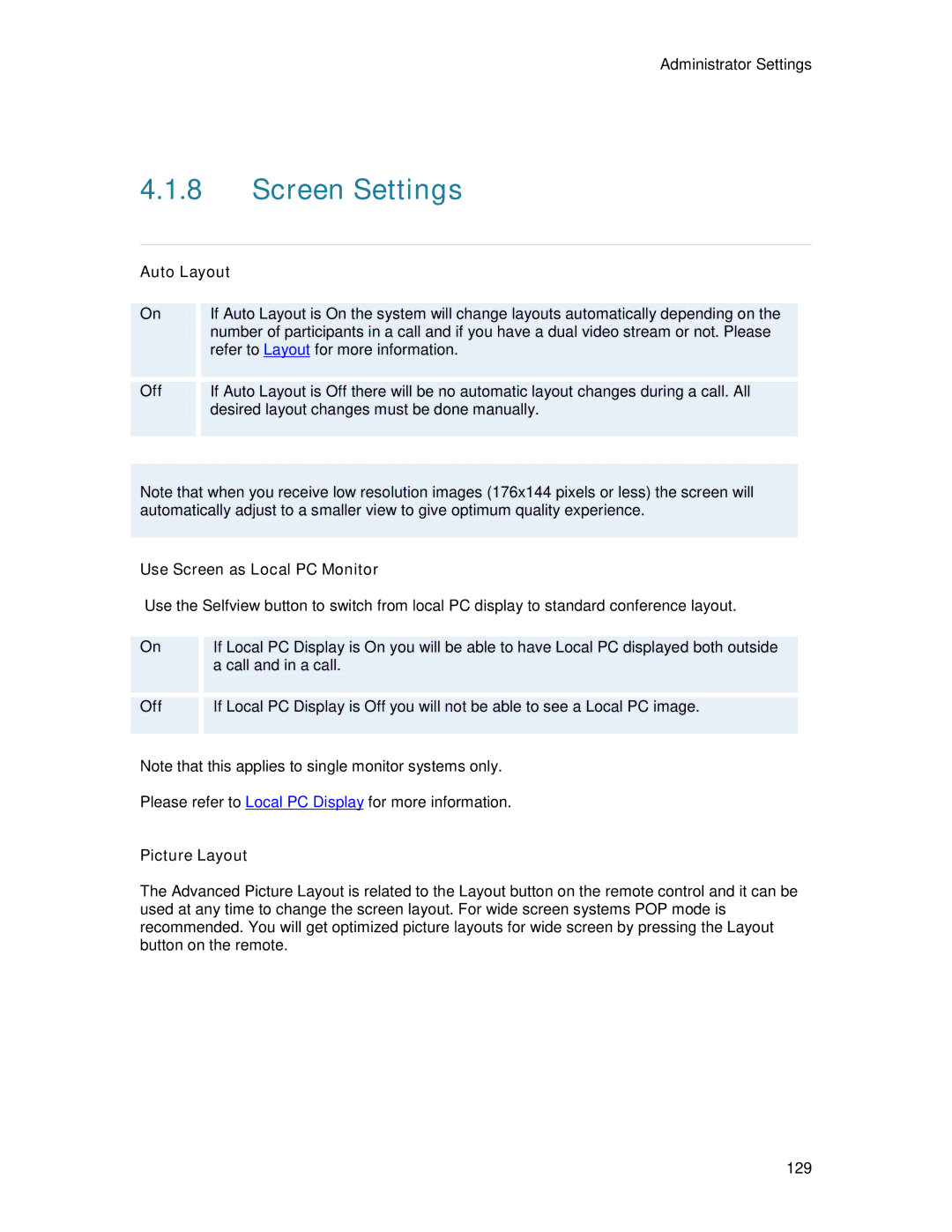 TANDBERG 6000MXP user manual Screen Settings, Auto Layout, Use Screen as Local PC Monitor, Picture Layout 