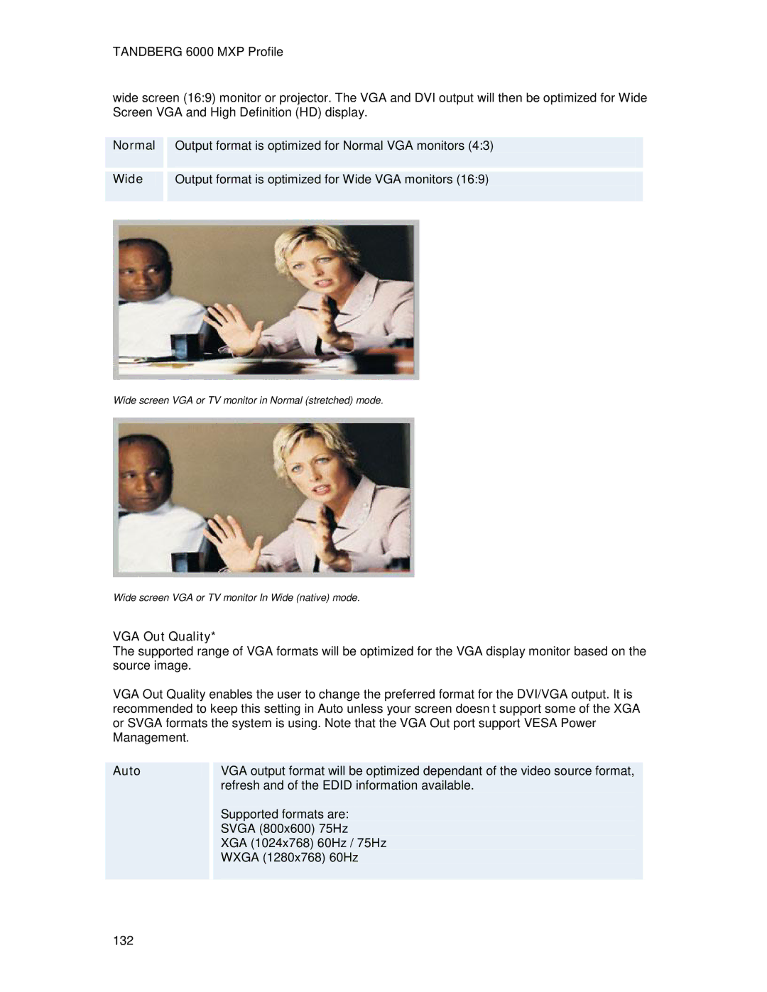 TANDBERG 6000MXP user manual Output format is optimized for Wide VGA monitors, VGA Out Quality 