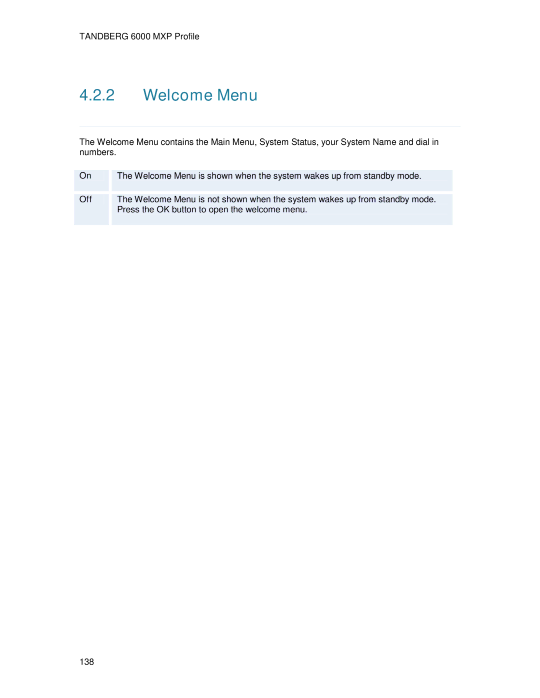 TANDBERG 6000MXP user manual Welcome Menu 