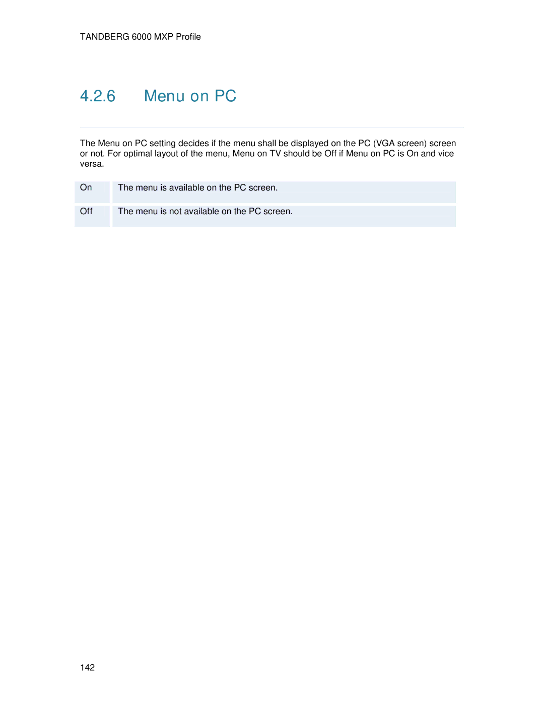 TANDBERG 6000MXP user manual Menu on PC 