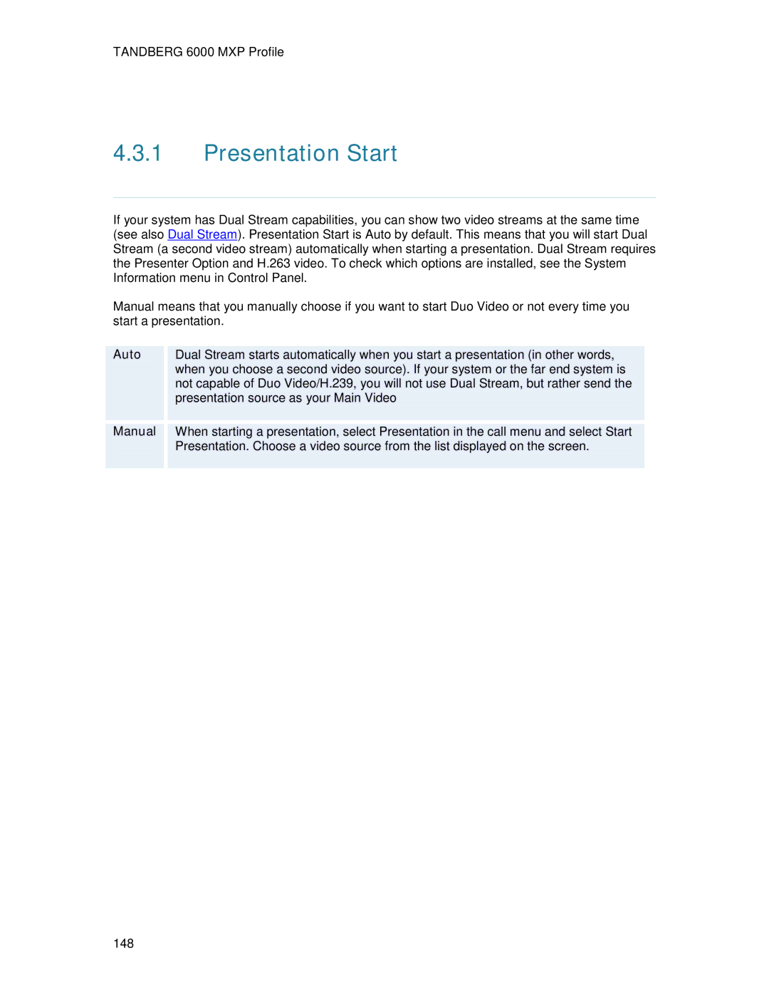 TANDBERG 6000MXP user manual Presentation Start, Auto 