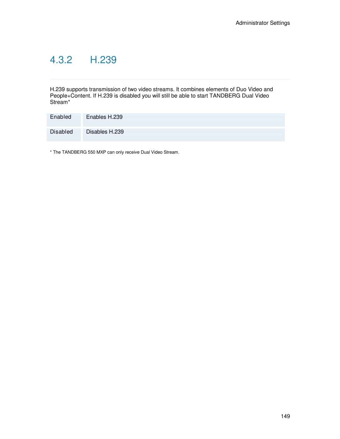 TANDBERG 6000MXP user manual 2 H.239, Enabled, Disabled 