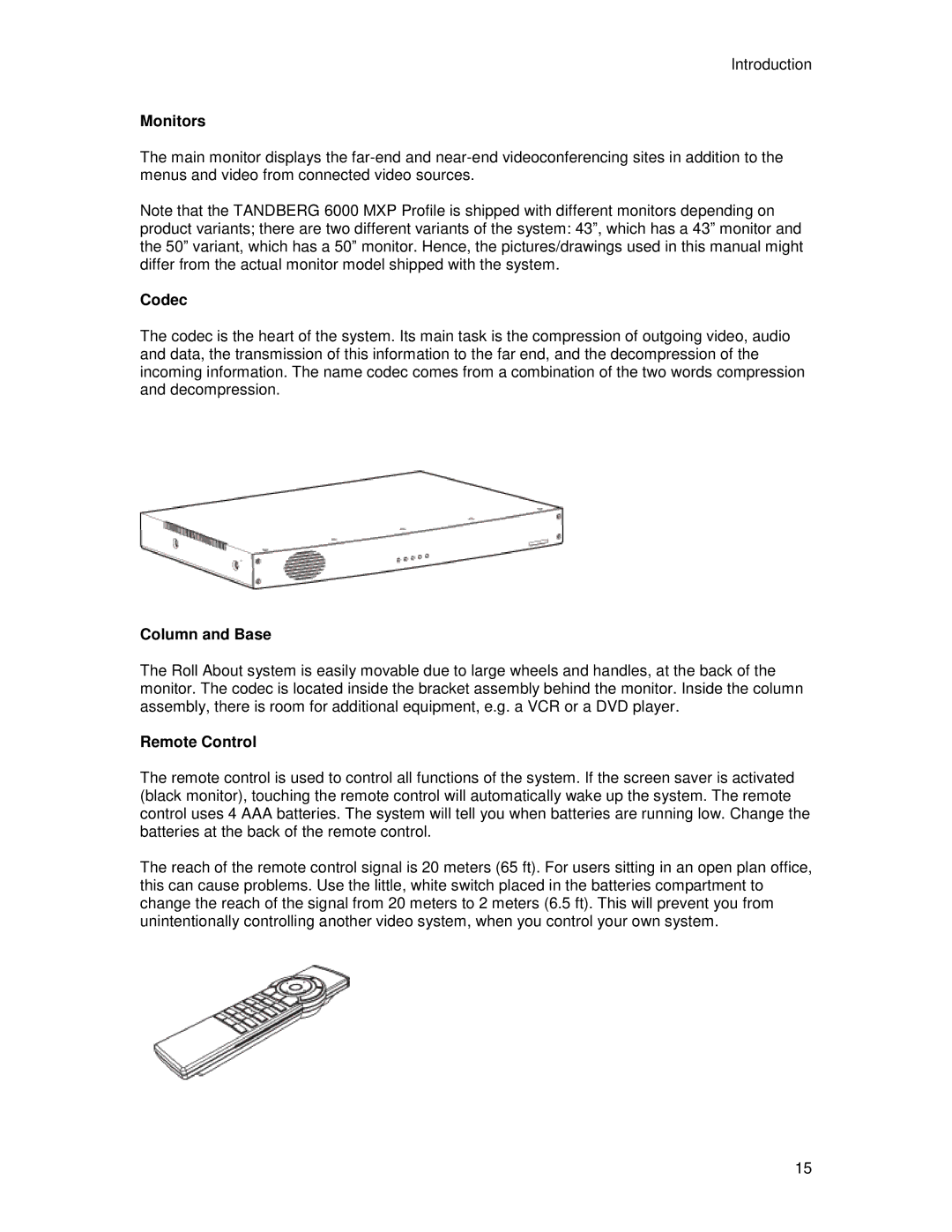 TANDBERG 6000MXP user manual Monitors, Codec, Column and Base, Remote Control 