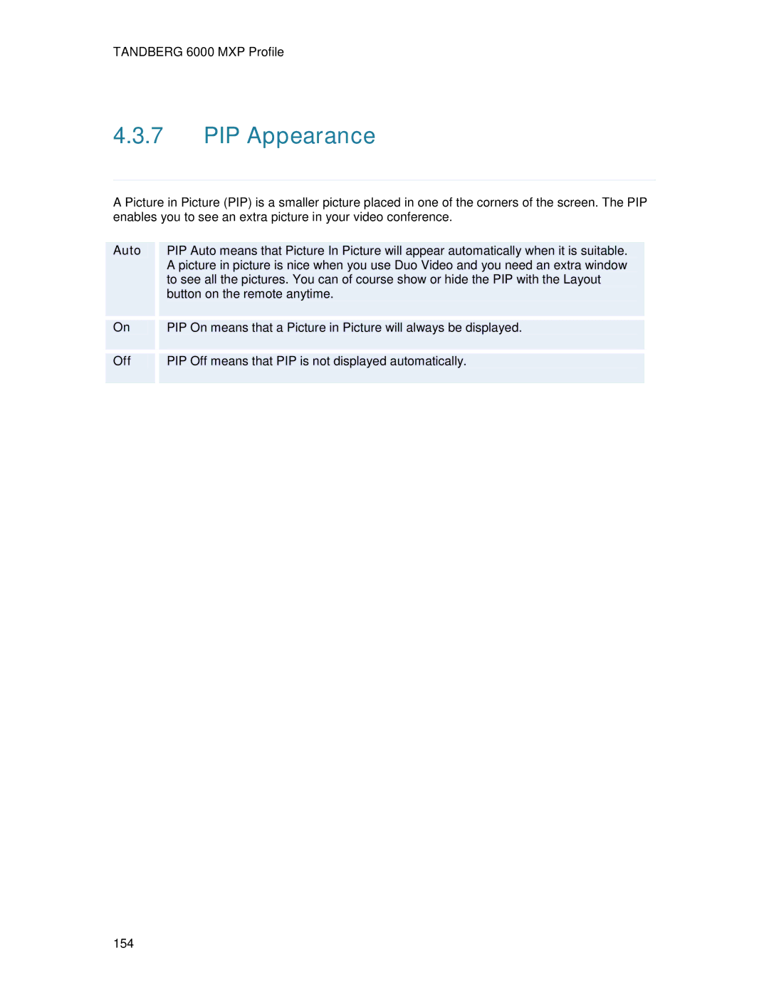 TANDBERG 6000MXP user manual PIP Appearance, Off PIP Off means that PIP is not displayed automatically 