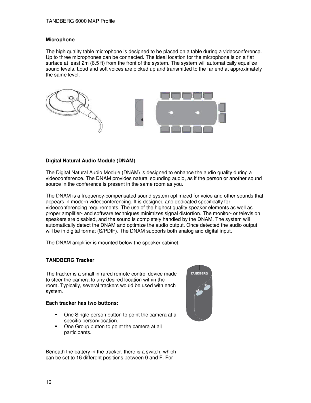 TANDBERG 6000MXP user manual Microphone, Digital Natural Audio Module Dnam, Tandberg Tracker, Each tracker has two buttons 