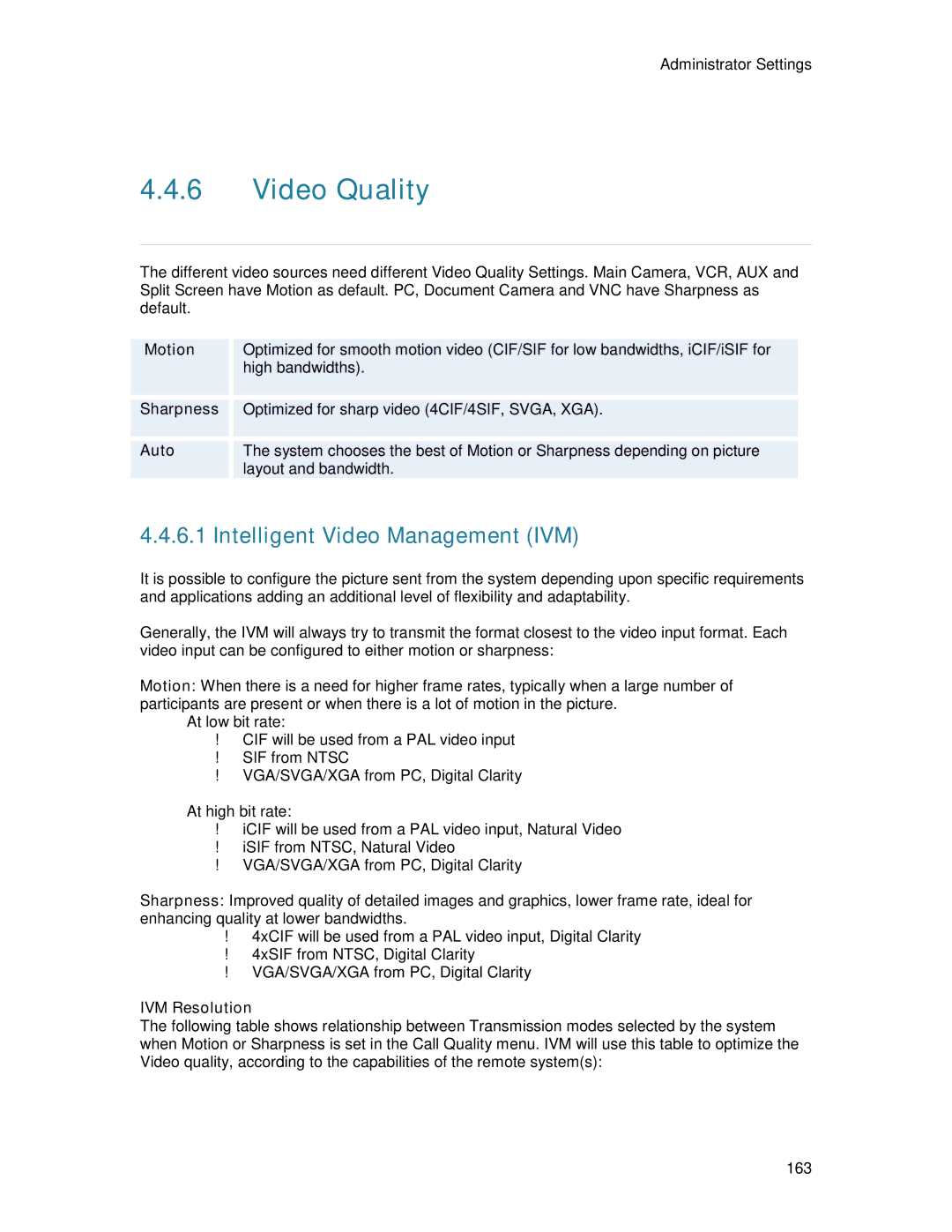 TANDBERG 6000MXP user manual Video Quality, Intelligent Video Management IVM, Motion, Sharpness, IVM Resolution 