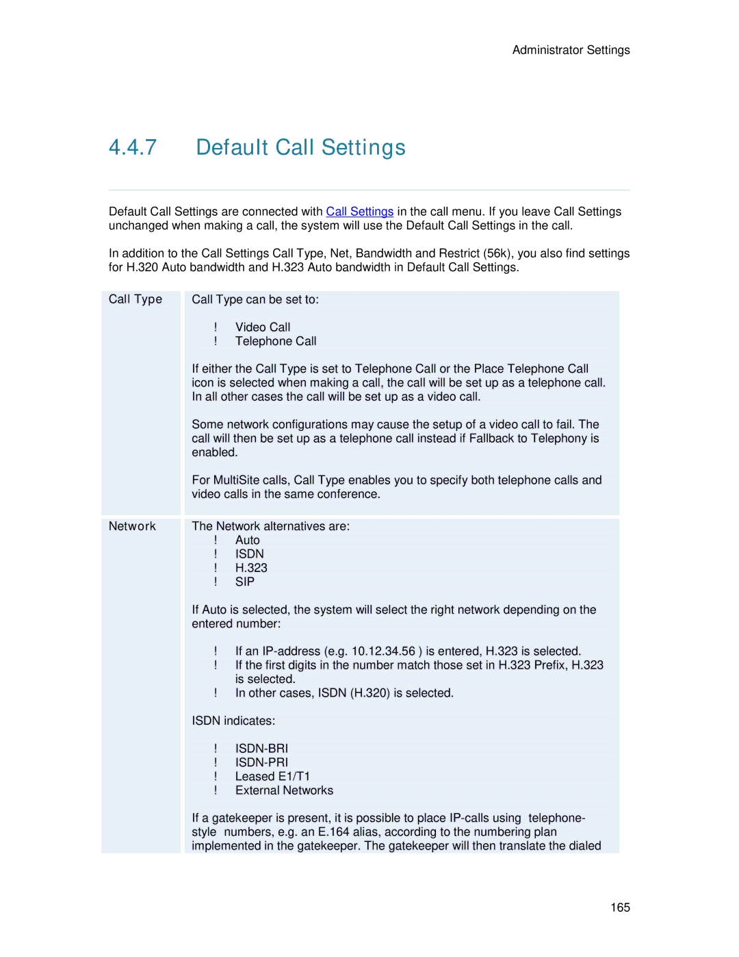 TANDBERG 6000MXP user manual Default Call Settings, Call Type 