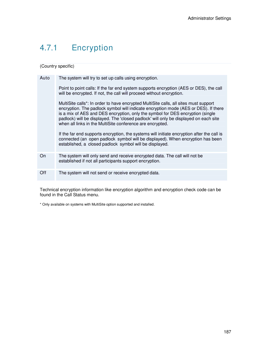 TANDBERG 6000MXP user manual Encryption, Auto 