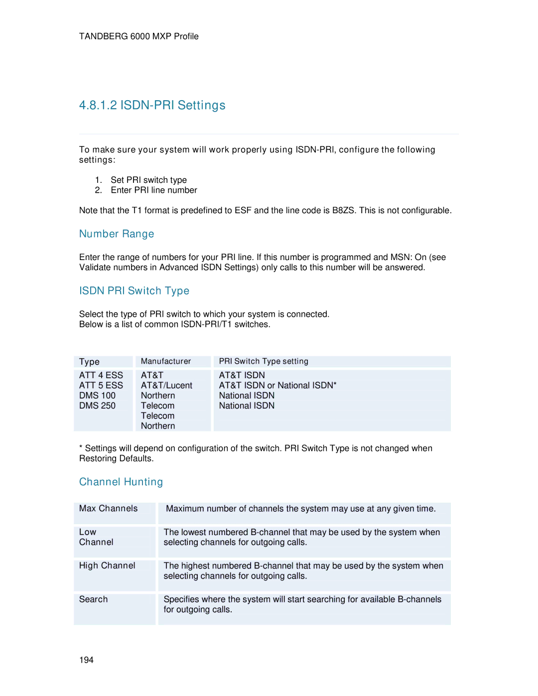 TANDBERG 6000MXP user manual ISDN-PRI Settings 