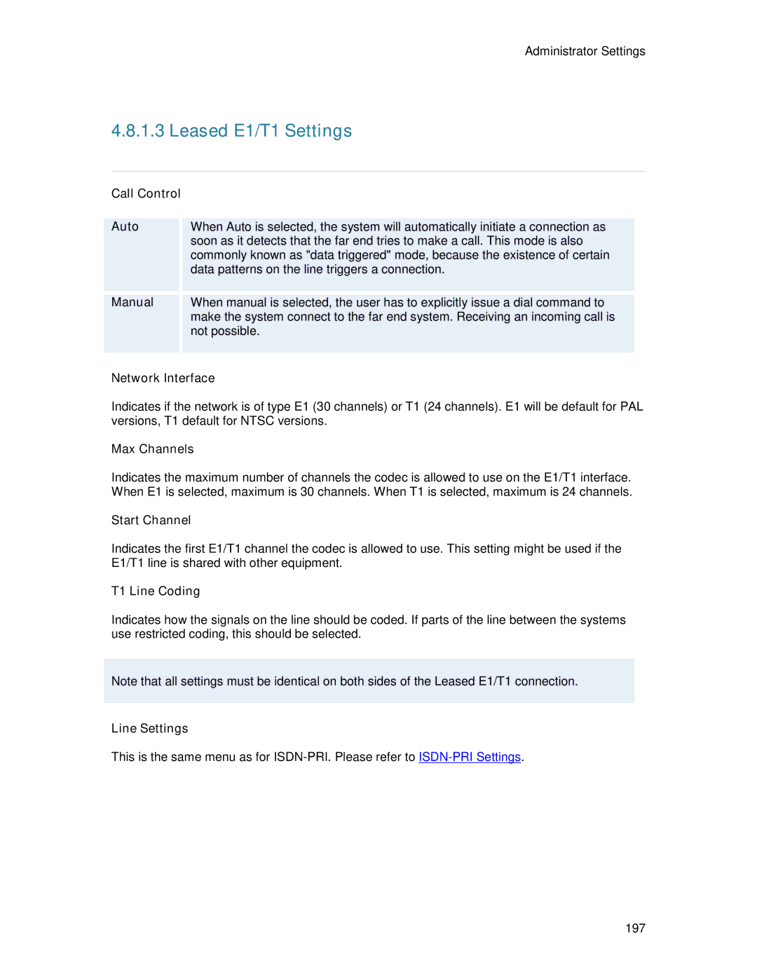 TANDBERG 6000MXP user manual Leased E1/T1 Settings 