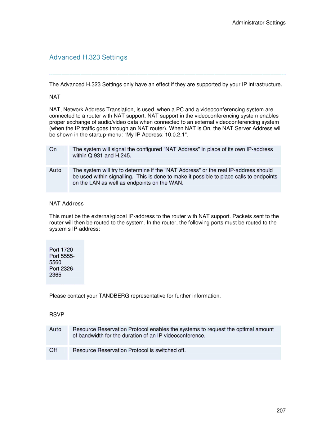 TANDBERG 6000MXP user manual Advanced H.323 Settings, NAT Address 