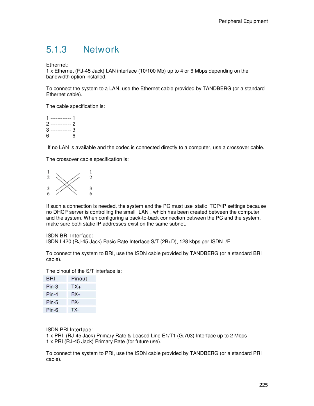 TANDBERG 6000MXP user manual Network, Ethernet, Isdn BRI Interface, Pinout, Isdn PRI Interface 