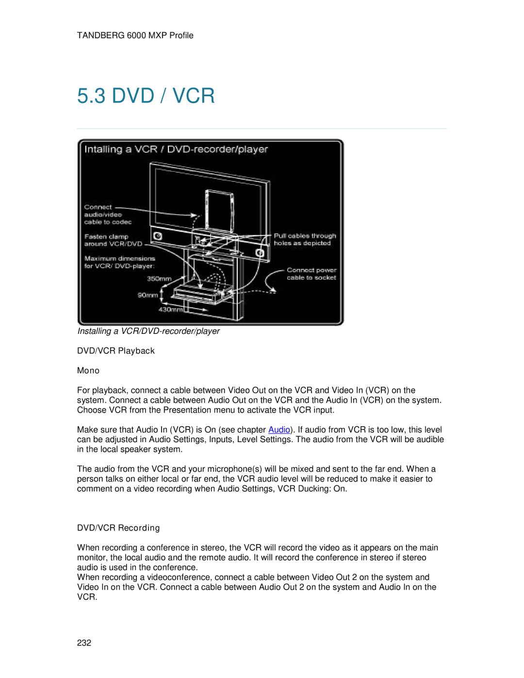 TANDBERG 6000MXP user manual Dvd / Vcr, DVD/VCR Playback Mono, DVD/VCR Recording 