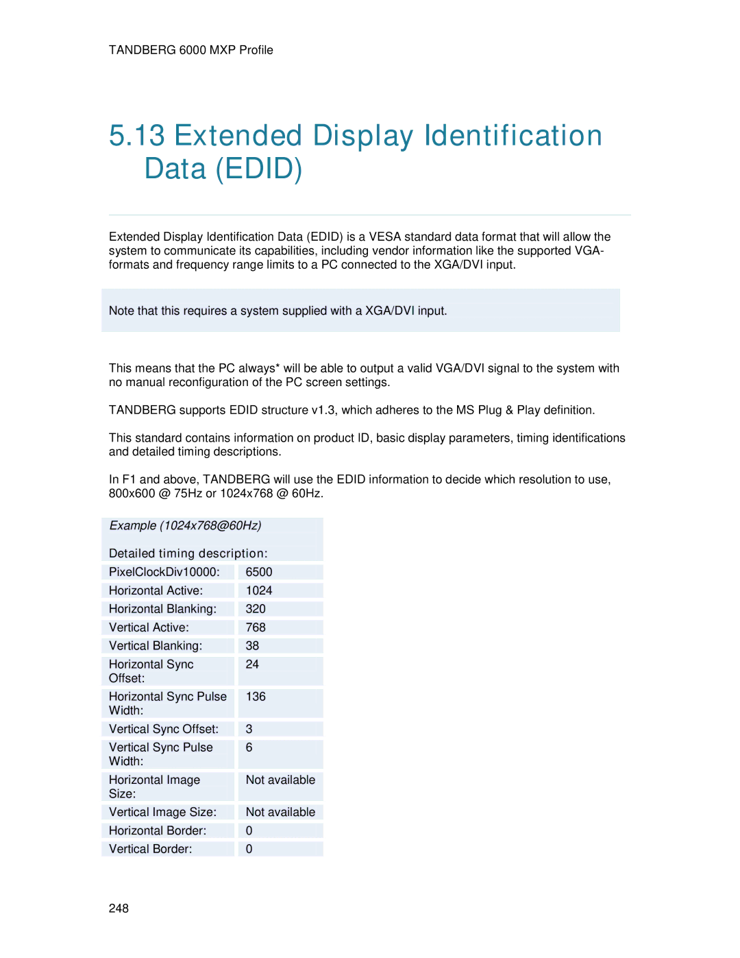 TANDBERG 6000MXP user manual Extended Display Identification Data Edid, Detailed timing description 