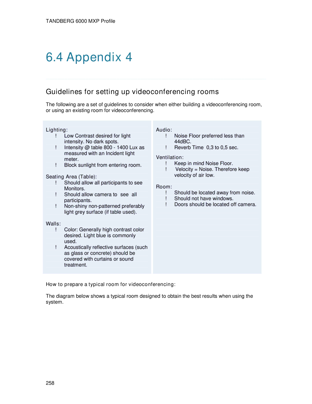 TANDBERG 6000MXP user manual Lighting, Seating Area Table, Walls, Audio, Room 