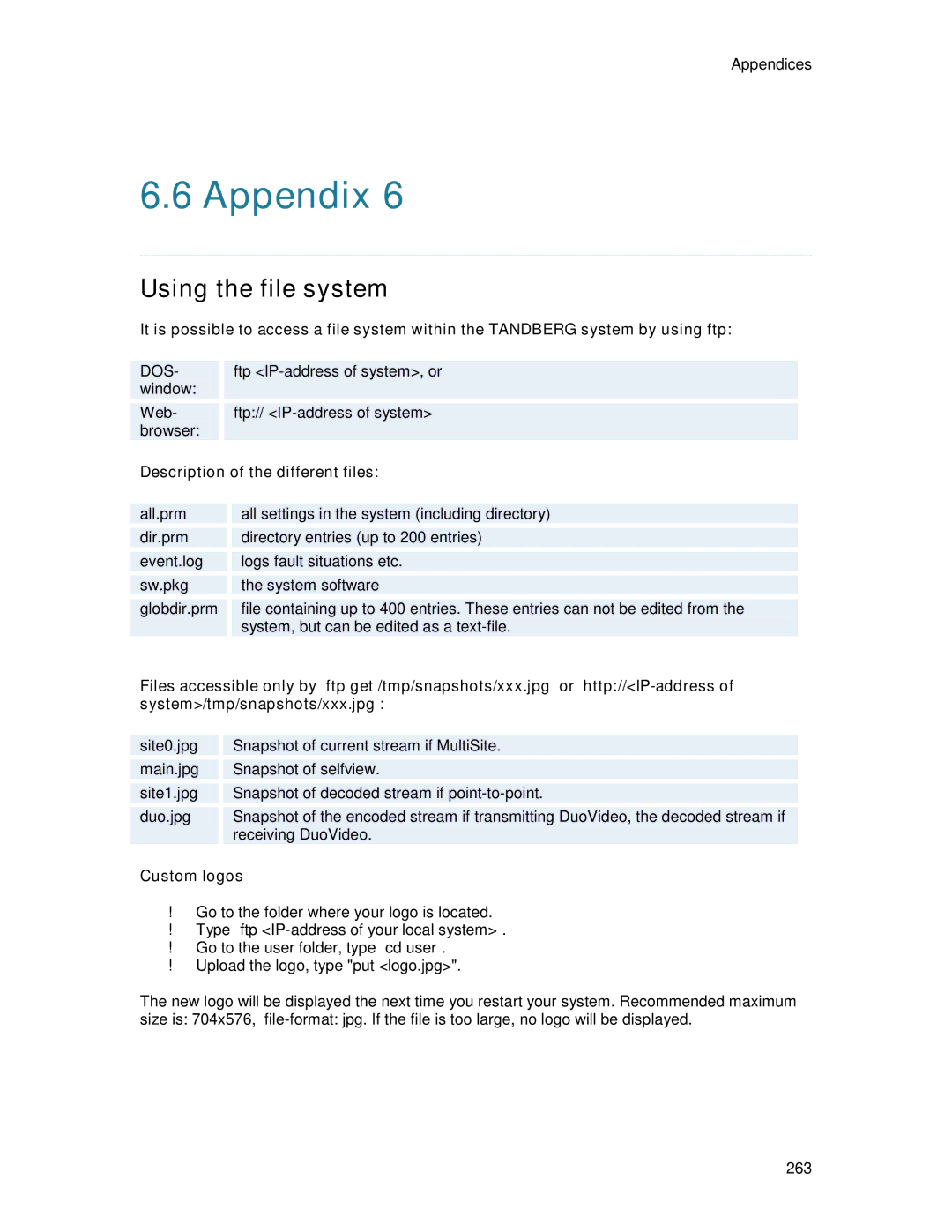 TANDBERG 6000MXP user manual Description of the different files, Custom logos 