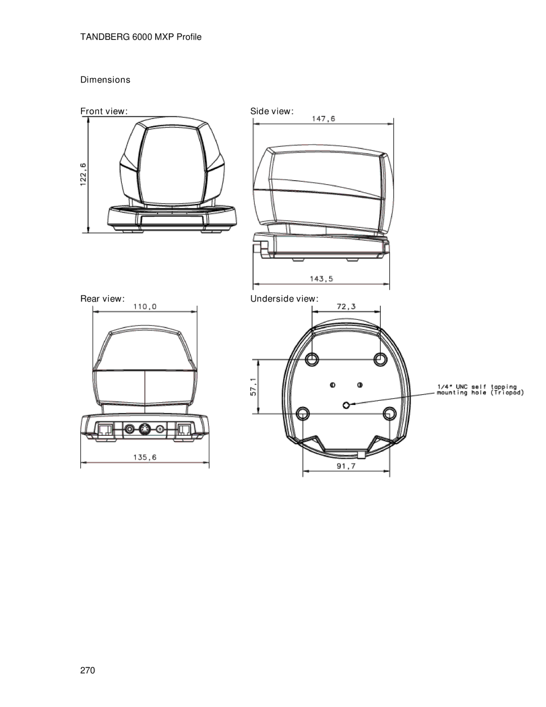 TANDBERG 6000MXP user manual Tandberg 6000 MXP Profile Dimensions Front view, Rear view Underside view 