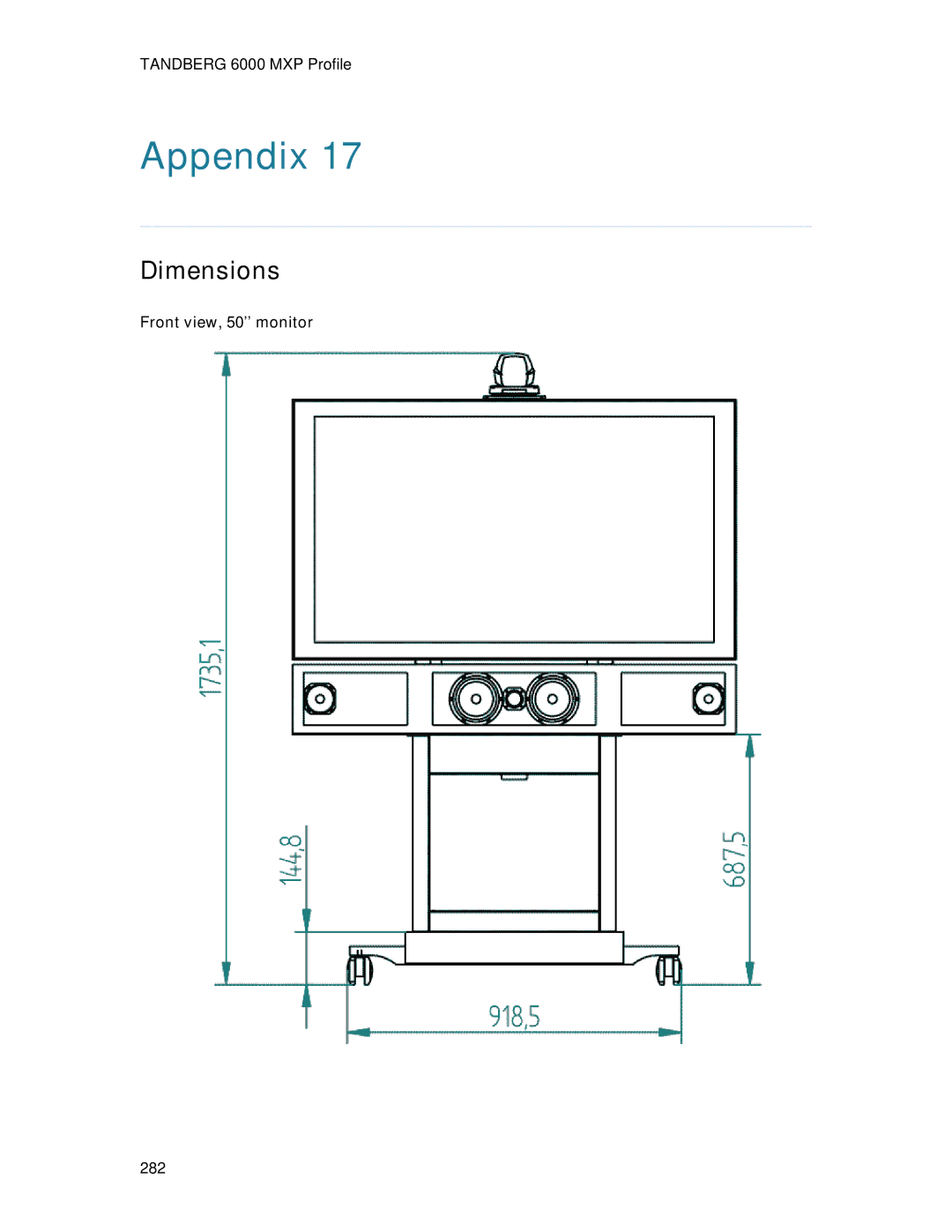 TANDBERG 6000MXP user manual Dimensions, Front view, 50monitor 