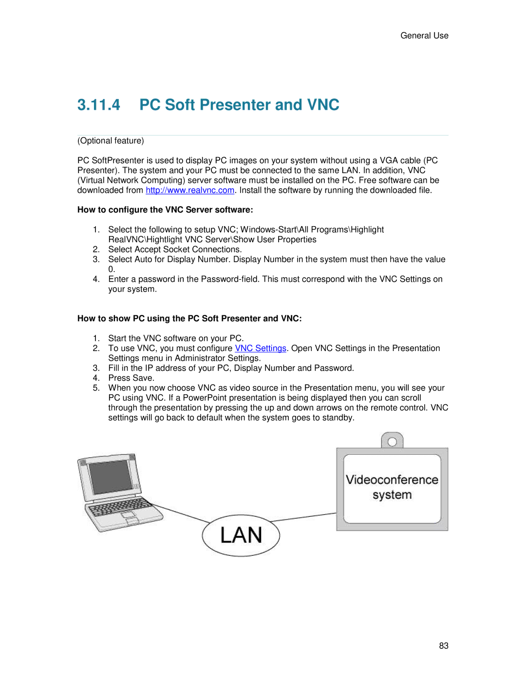 TANDBERG 6000MXP user manual PC Soft Presenter and VNC, How to configure the VNC Server software 