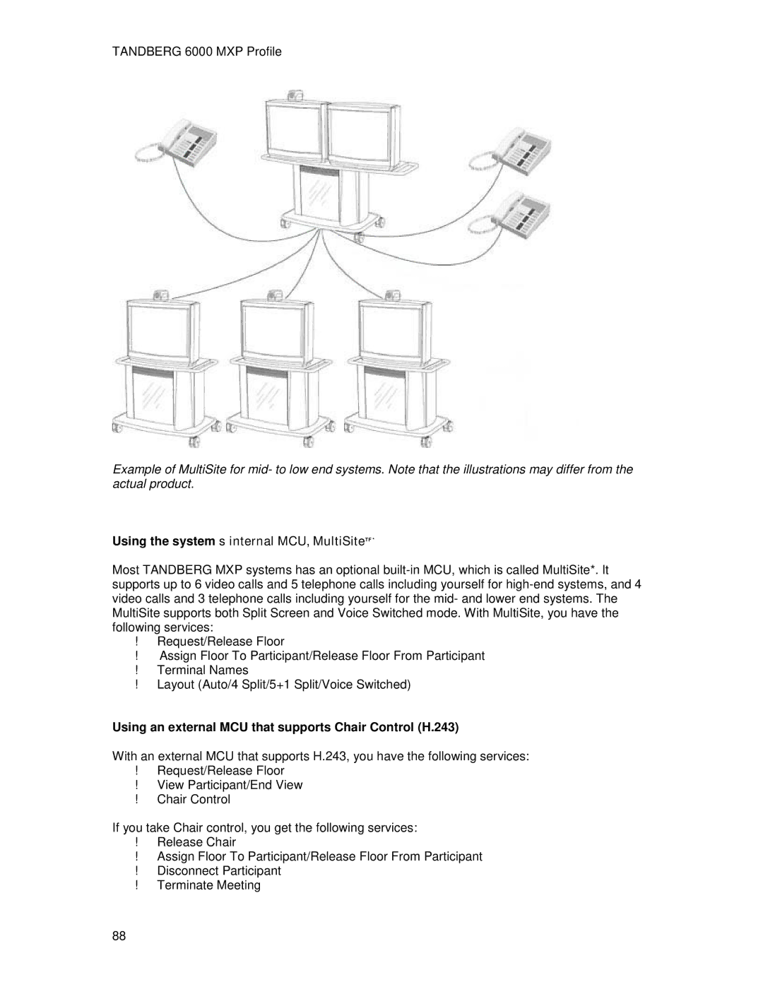 TANDBERG 6000MXP Using the system’s internal MCU, MultiSiteTF, Using an external MCU that supports Chair Control H.243 