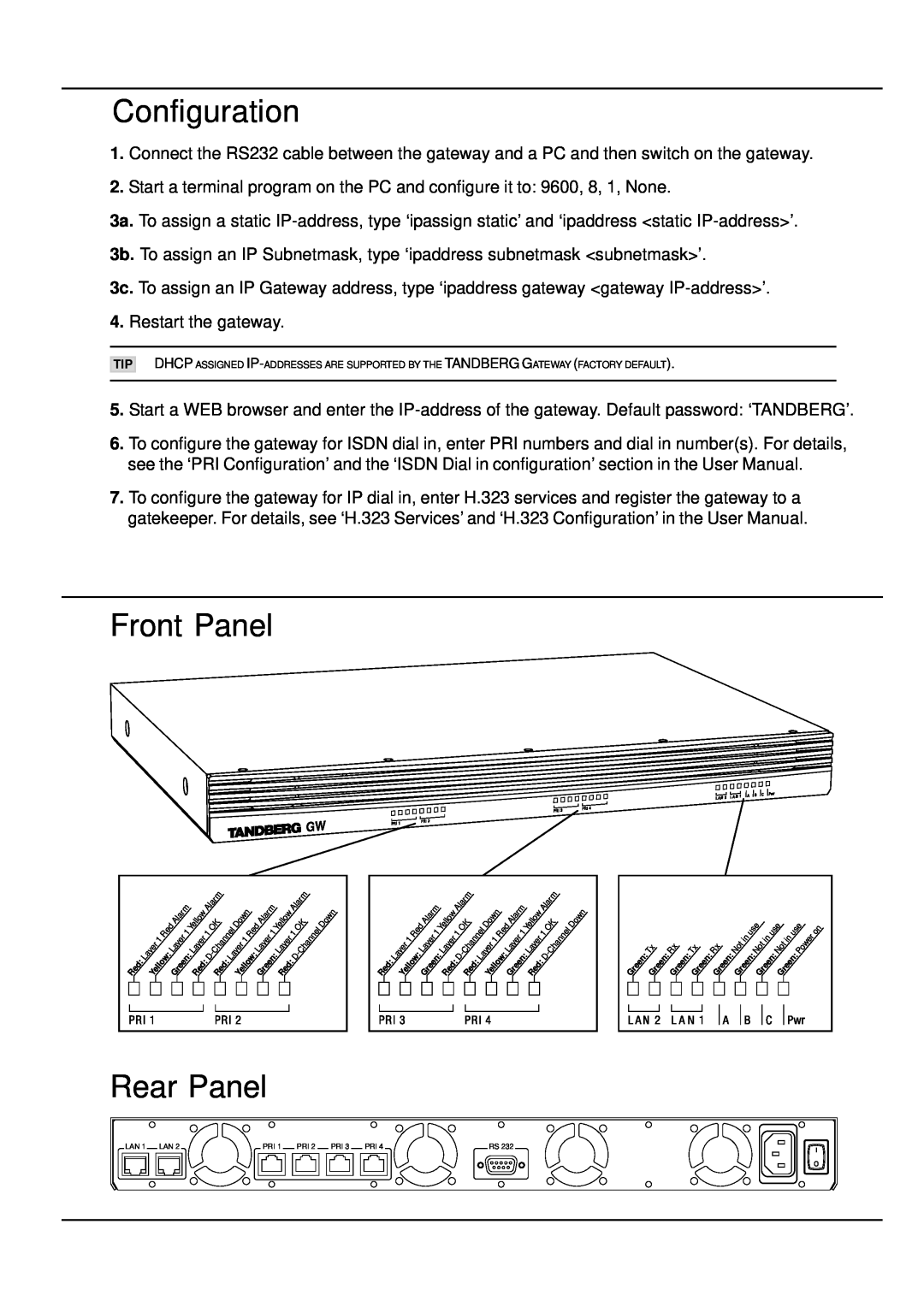 TANDBERG 6213 user manual Configuration, Front Panel, Rear Panel 