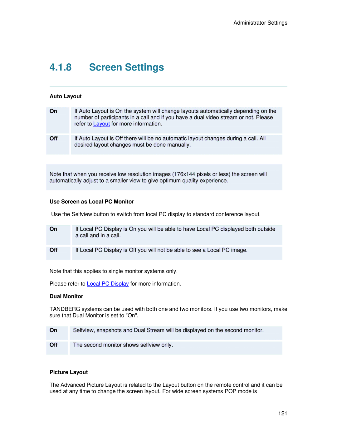 TANDBERG 700 MXP user manual Screen Settings, Auto Layout, Use Screen as Local PC Monitor, Dual Monitor 