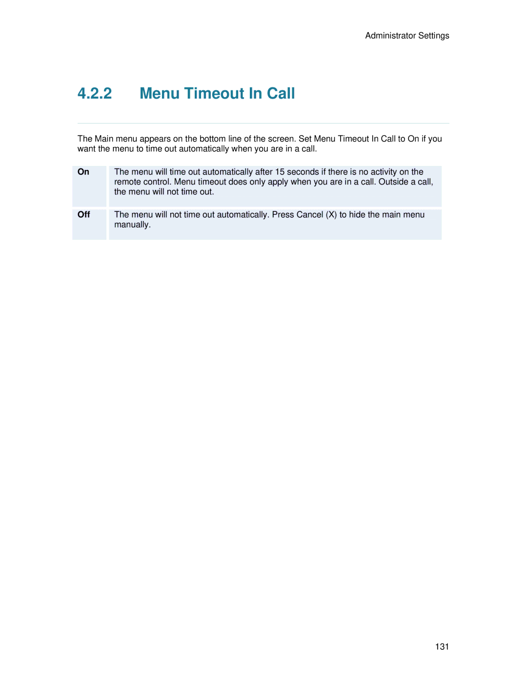 TANDBERG 700 MXP user manual Menu Timeout In Call, Off 