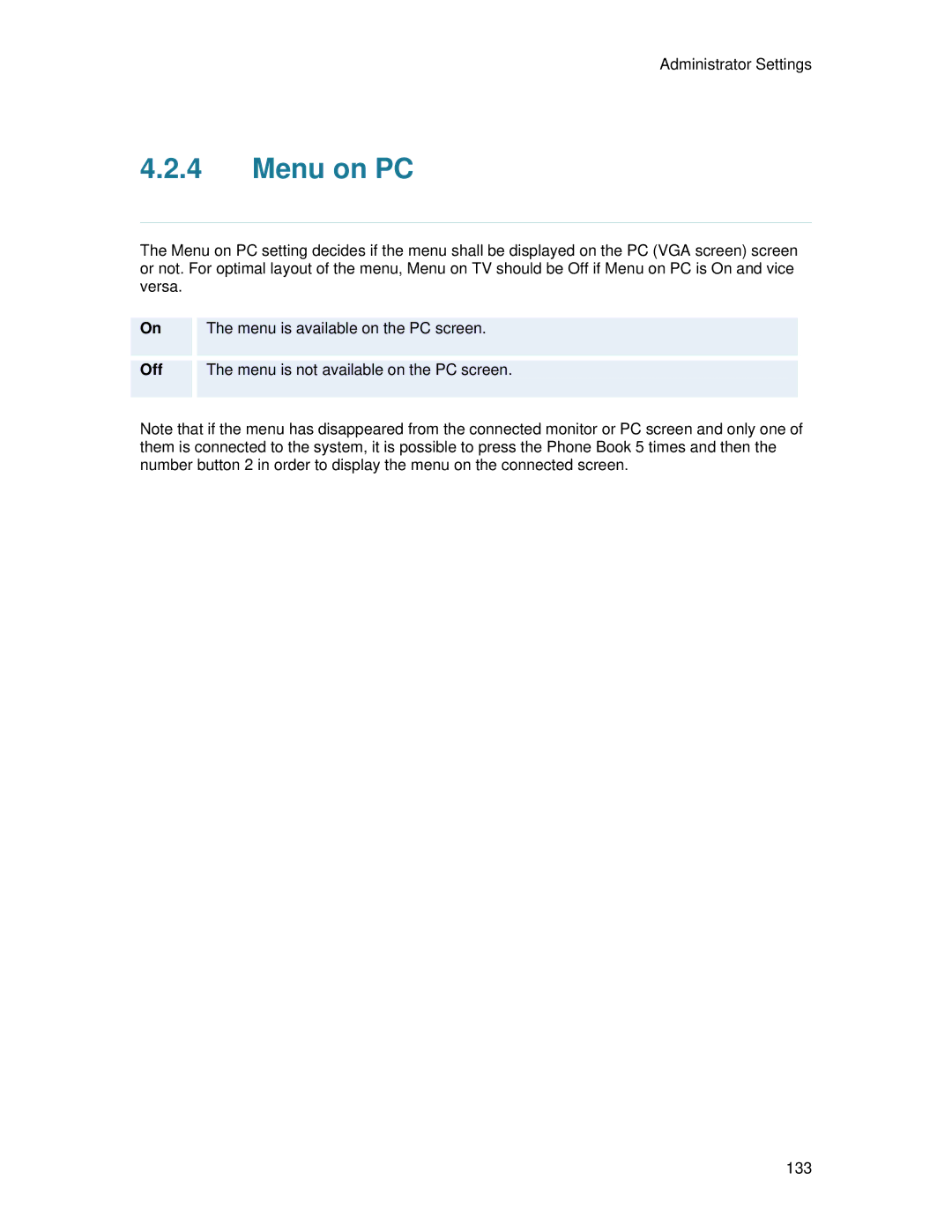 TANDBERG 700 MXP user manual Menu on PC 