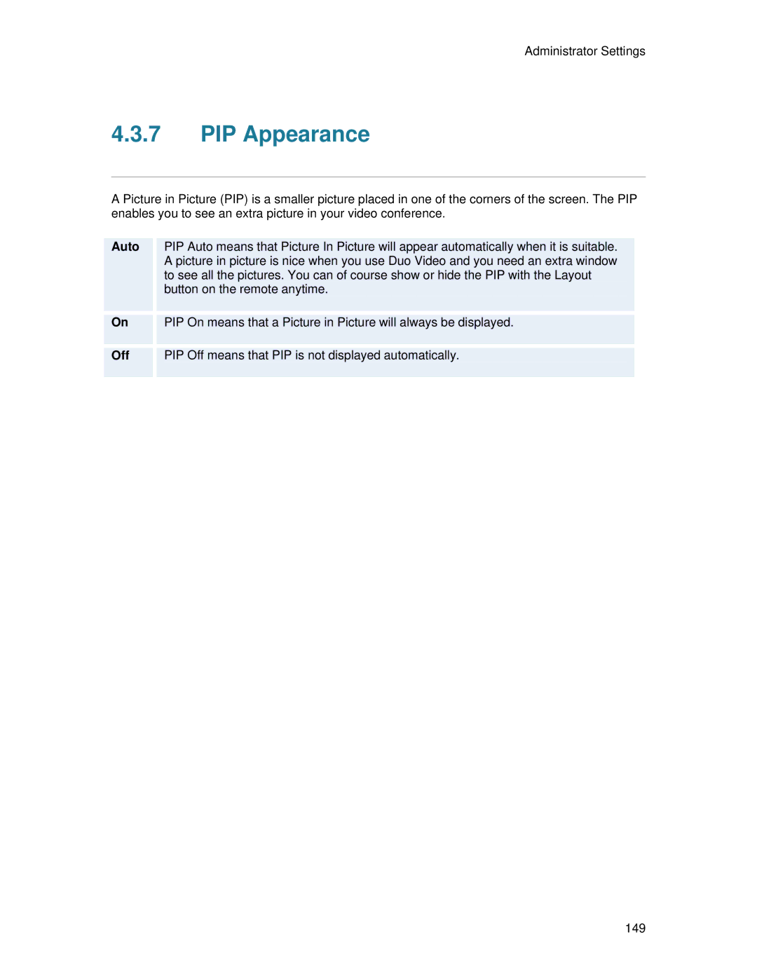 TANDBERG 700 MXP user manual PIP Appearance, Off 